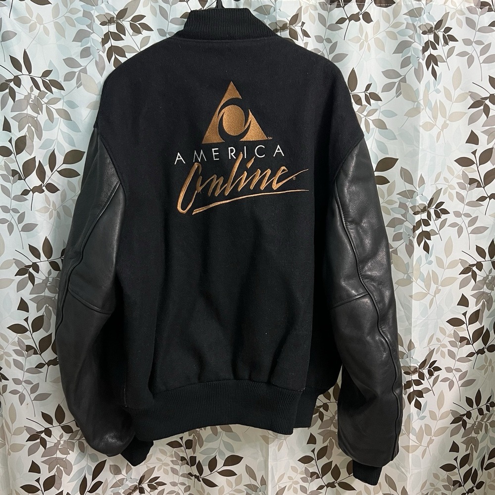 VINTAGE America Online Varsity Jacket Adult Medium Black Wool Leather AOL XL